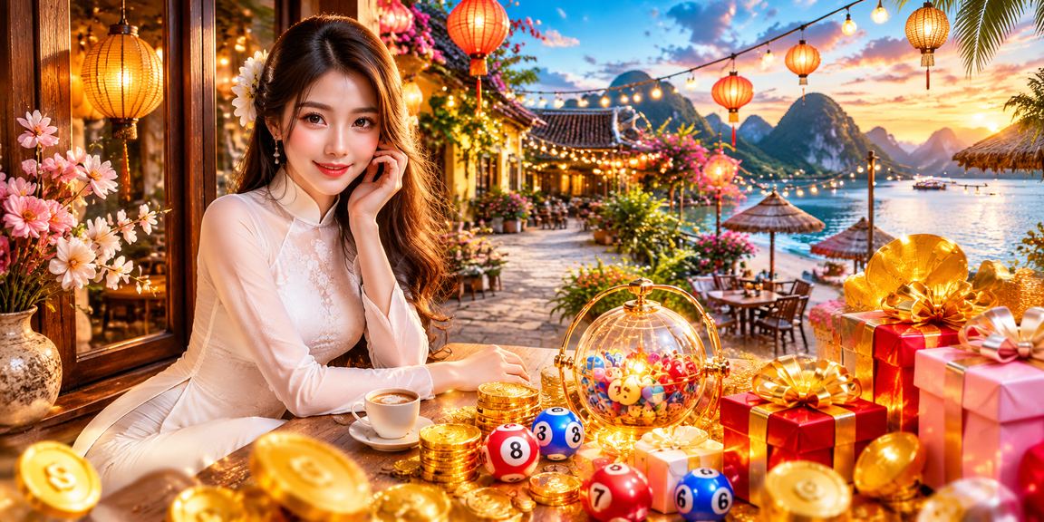 Phong cảnh Ninh Bình với người phụ nữ mặc áo dài tham gia xổ số trực tuyến